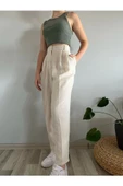 Kadın Taş Yüksek Bel Keten Balon Pantolon - 3