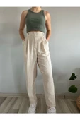 Kadın Taş Yüksek Bel Keten Balon Pantolon - 1