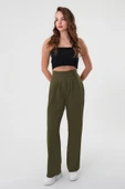 Kadın Haki Yüksek Bel Cırtlı Palazzo Pantolon - 2