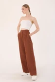 Kadın Kahverengi Yüksek Bel Keten Palazzo Pantolon - 1