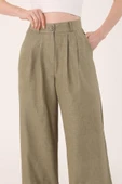 Kadın Haki Yüksek Bel Keten Palazzo Pantolon thumbnail 3