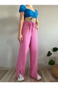Kadın Pembe Yüksek Bel Önden yırtmaçlı Keten Pantolon - 5