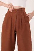 Kadın Kahverengi Yüksek Bel Keten Palazzo Pantolon - 3