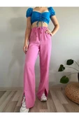 Kadın Pembe Yüksek Bel Önden yırtmaçlı Keten Pantolon - 1