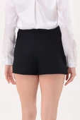 Siyah Keten Karışımlı Çift Yırtmaçlı Şort Etek - 4