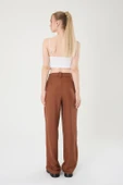 Kadın Kahverengi Keten Düğmeli Yüksek Bel Palazzo Pantolon thumbnail 5