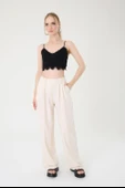 Kadın Taş Keten Düğmeli Yüksek Bel Palazzo Pantolon - 1