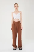 Kadın Kahverengi Keten Düğmeli Yüksek Bel Palazzo Pantolon thumbnail 1