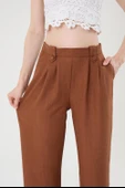 Kadın Kahverengi Keten Düğmeli Yüksek Bel Palazzo Pantolon thumbnail 3