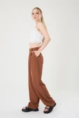 Kadın Kahverengi Keten Düğmeli Yüksek Bel Palazzo Pantolon thumbnail 4