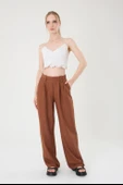 Kadın Kahverengi Keten Düğmeli Yüksek Bel Palazzo Pantolon thumbnail 2