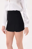 Siyah Keten Karışımlı Çift Yırtmaçlı Şort Etek - 3