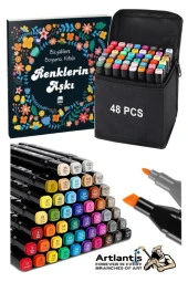 48 Adet Çift Taraflı Marker Kalem Çantalı 1 Paket 48 Renk Touch Markör Renklerin Aşkı Mandala Büyüklere Boyama Kitabı - 1