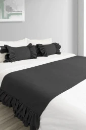 Yatak Runner & İç Dolgulu Kırlent Seti Çift Kişilik Fırfırlı Siyah - 1