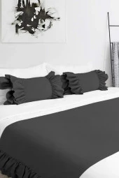 Yatak Runner & İç Dolgulu Kırlent Seti Çift Kişilik Fırfırlı Siyah - 2