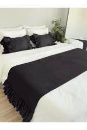 Yatak Runner & İç Dolgulu Kırlent Seti Çift Kişilik Fırfırlı Siyah - 3