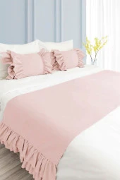 Yatak Runner & İç Dolgulu Kırlent Seti Çift Kişilik Fırfırlı Pembe - 1