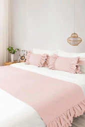 Yatak Runner & İç Dolgulu Kırlent Seti Çift Kişilik Fırfırlı Pembe - 2