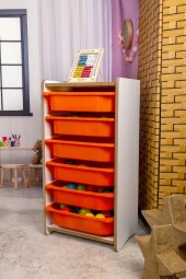 6 Çekmeceli Çocuk Oyuncak ve Aktivite Dolabı,Beyaz-Turuncu 18mm MDF - 1