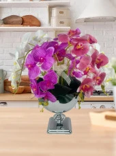 Nettenevime Yapay Çiçek Aranjmanı Büyük Boy Orkide Mix Renk Gümüş Metal Vazolu Arajman Nişan Kız İsteme Çiçeği thumbnail 2