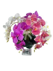 Nettenevime Yapay Çiçek Aranjmanı Büyük Boy Orkide Mix Renk Gümüş Metal Vazolu Arajman Nişan Kız İsteme Çiçeği thumbnail 4