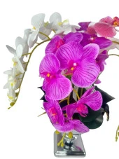 Nettenevime Yapay Çiçek Aranjmanı Büyük Boy Orkide Mix Renk Gümüş Metal Vazolu Arajman Nişan Kız İsteme Çiçeği thumbnail 6