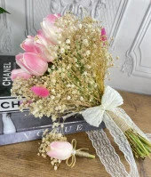 Nettenevime Gelin Çiçeği Yapay Çiçek Pembe Islak Lale Lale Ve Krem Cipso ve Kuru Çiçek Dalları Gelin Buketi - 1