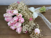 Nettenevime Gelin Çiçeği Yapay Çiçek Pembe Islak Lale Lale Ve Krem Cipso ve Kuru Çiçek Dalları Gelin Buketi - 3