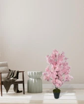 Yapay Ağaç Bahardalı Ağacı Pembe Japon Kiraz Çiçeği Sakura Çiçeği 80cm Siyah Plastik Saksılı - 3