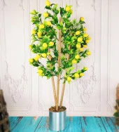 Yapay Ağaç Limon Ağacı Gür Yapraklı 80cm Bambu Dalında Gümüş Paslanmaz Aleminyum Saksılı - 1