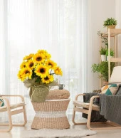 Nettenevime Yapay Çiçek Ay Çiçeği 18 Çiçekli Keten Saksılı Dekoratif Süs Çiçeği - 4