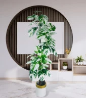 Yapay Çiçek Monstera Yeşil Beyaz Deve Tabanı 3Katlı 180cm 54Yaprak Altın Kemerli Beyaz Metal Saksı - 4