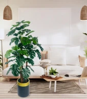 Nettenevime Yapay Çiçek Monstera Yeşil Deve Tabanı 3Katlı 135cm 54Yaprak Gold Kemerli Siyah Saksıda Yapay Bitki thumbnail 4