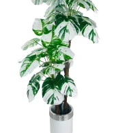 Nettenevime Yapay Çiçek Monstera Yeşil Beyaz Deve Tabanı 3Katlı 180cm 54Yaprak Gümüş Kemerli Beyaz Metal Saksı - 5
