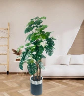 Nettenevime Yapay Çiçek Monstera Yeşil Deve Tabanı 3Katlı 135cm 54Yaprak Gümüş Kemerli Siyah Saksıda Yapay Bitki thumbnail 7