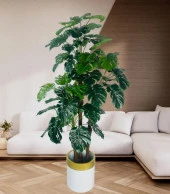 Nettenevime Yapay Çiçek Monstera Yeşil Deve Tabanı 3Katlı 135cm 54Yaprak Gold Kemerli Beyaz Saksıda Yapay Bitki thumbnail 2