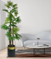Yapay Ağaç Yelpaze Palmiye 4Katlı Fanpalm 32 Yaprak Altın Kemerli Siyah Saksıda 170*65cm - 7