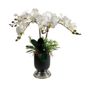 Nettenevime Yapay Çiçek Aranjmanı Metal Mat Siyah Gümüş Vazoda Beyaz Orkide Yapay Orkide Arajmanı thumbnail 1