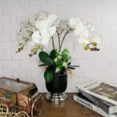 Nettenevime Yapay Çiçek Aranjmanı Metal Mat Siyah Gümüş Vazoda Beyaz Orkide Yapay Orkide Arajmanı thumbnail 2