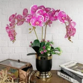 Nettenevime Yapay Çiçek Aranjmanı Metal Mat Siyah Gold Vazoda Fuşya Orkideler Yapay Orkide Arajmanı thumbnail 2