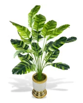 Nettenevime Yapay Çiçek Çizgili Muz Yapraklı Salon Çiçeği 18Dal 90*60cm Gold Krem Vazoda Yapay Bitki thumbnail 1