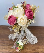 Nettenevime Gelin Çiçeği Yapay Çiçek Fuşya Krem Şakayık Ve Kuru Cipso lu Gelin Buketi - 1