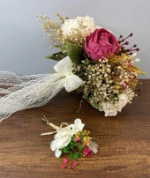 Nettenevime Gelin Çiçeği Yapay Çiçek Fuşya Krem Şakayık Ve Kuru Cipso lu Gelin Buketi - 2