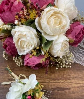 Nettenevime Gelin Çiçeği Yapay Çiçek Fuşya Krem Şakayık Ve Kuru Cipso lu Gelin Buketi - 3