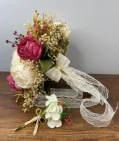 Nettenevime Gelin Çiçeği Yapay Çiçek Fuşya Krem Şakayık Ve Kuru Cipso lu Gelin Buketi - 4