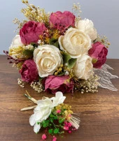 Nettenevime Gelin Çiçeği Yapay Çiçek Fuşya Krem Şakayık Ve Kuru Cipso lu Gelin Buketi - 5