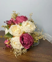 Nettenevime Gelin Çiçeği Yapay Çiçek Fuşya Krem Şakayık Ve Kuru Cipso lu Gelin Buketi - 6