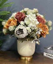 Nettenevime Yapay Çiçek Aranjmanı Gold-Krem Vazolu Somon Gri Güllü Nişan Çiçeği İsteme Çiçeği Masa Üstü Çiçeği Arajman - 1