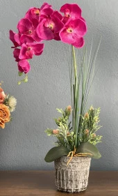 Nettenevime Yapay Çiçek Fuşya Orkide Seramik Saksıda Tek Dal Orkide 60cm thumbnail 1