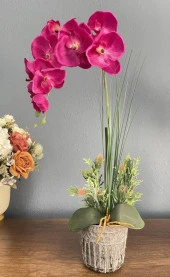 Nettenevime Yapay Çiçek Fuşya Orkide Seramik Saksıda Tek Dal Orkide 60cm thumbnail 2